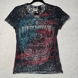 Harley Davidson Womens Lace Accent Rhinestone Graphic Tee Acid Wash Small